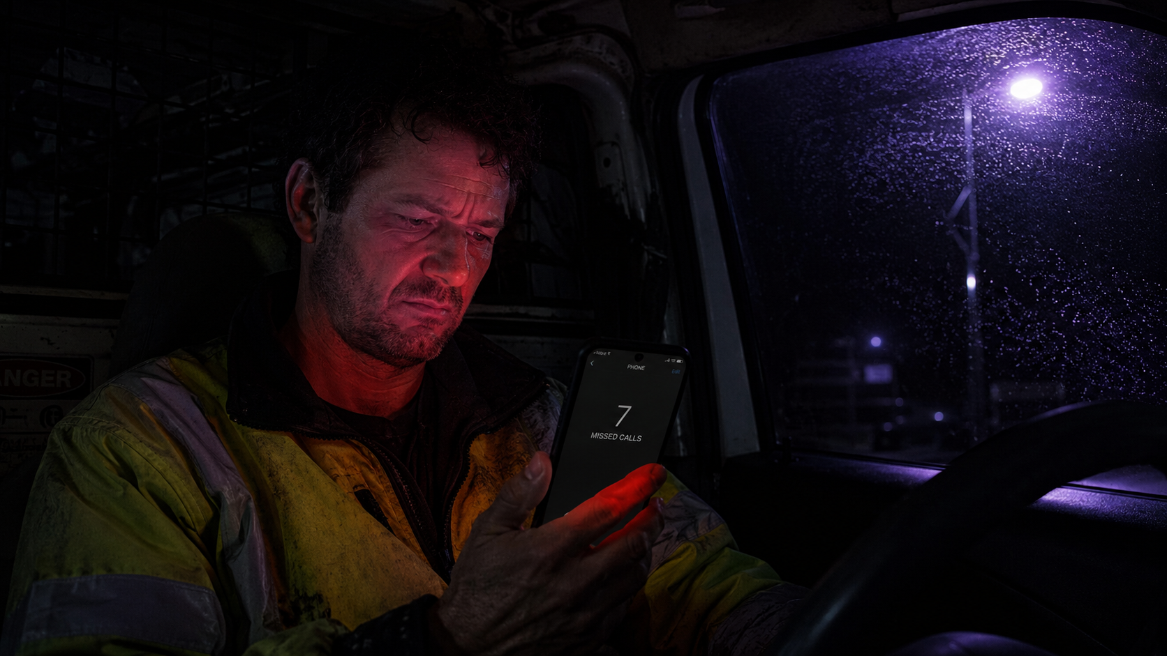 Tradie missing calls in his van at night